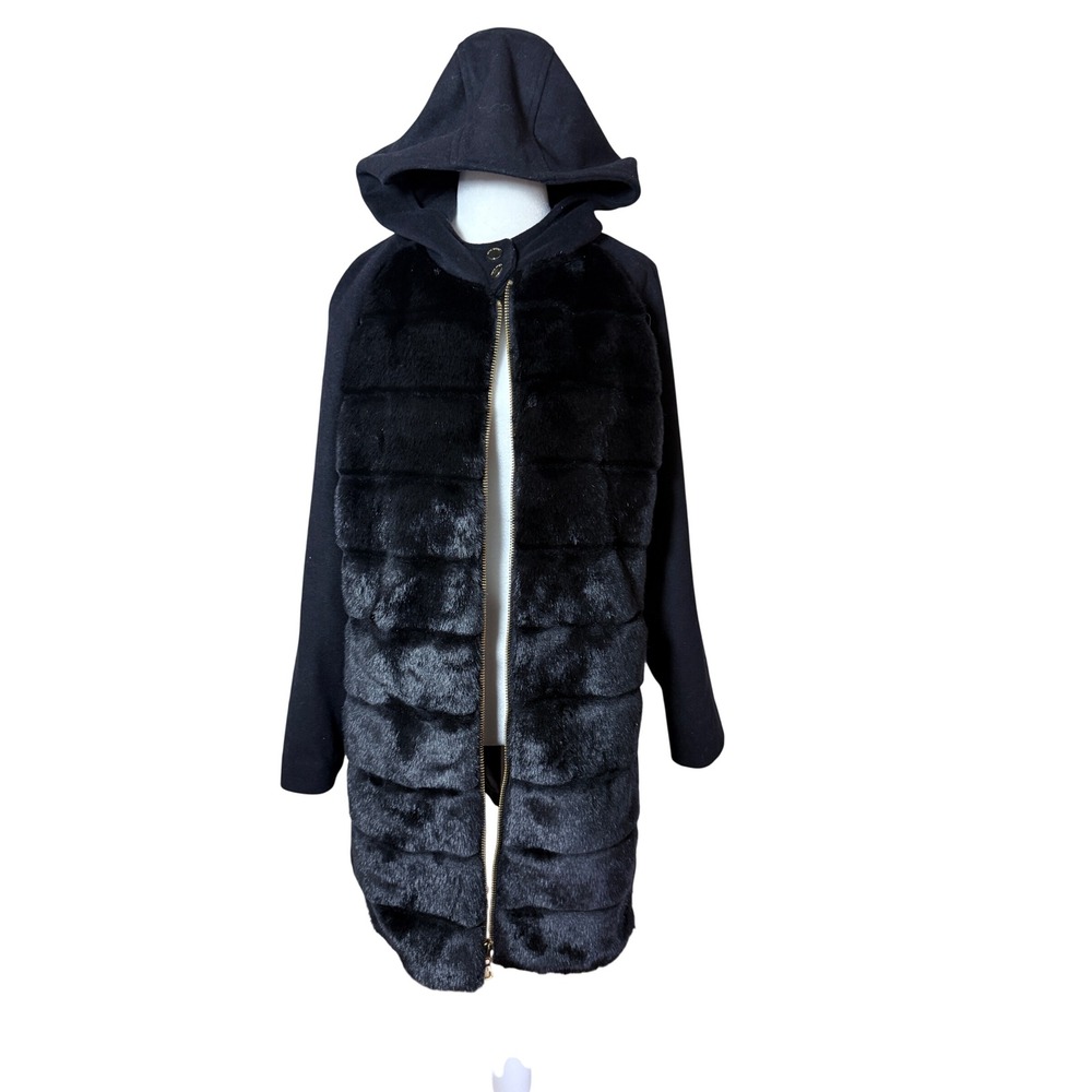 Trina Turk Wool Blend Faux Fur Front Hooded Coat Gold Zip Pattern Lining Large